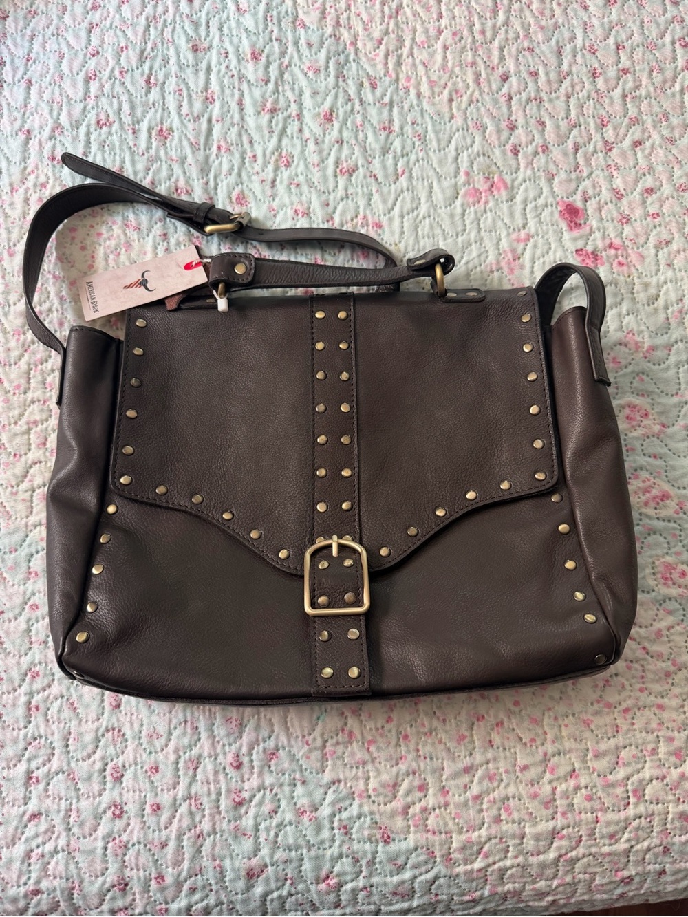 American Bison Dark Brown Studded Leather Crossbody Handbag